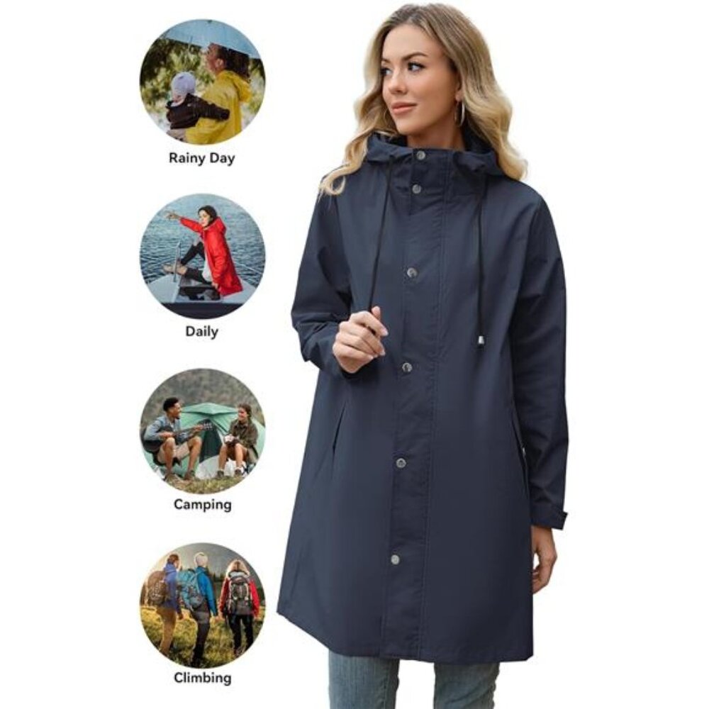 Women's Long Rain Coat Packable Rain Jacket Waterproof Raincoat - Picture 5 of 6